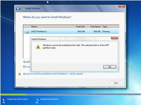 windows 7 cannot install on GPT disk