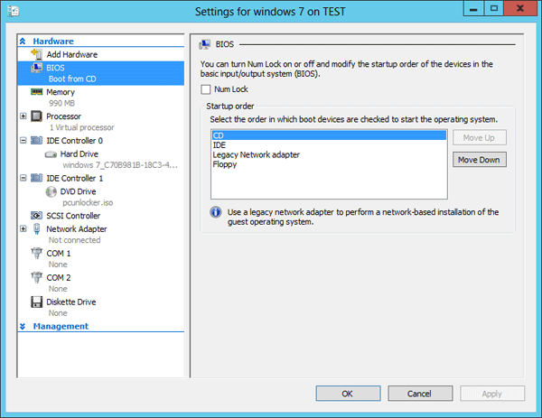 Change the boot order in Hyper-V